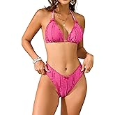 seamoly Women's High Cut Triangle Bikini Halter Neck Ruffle Back Tie V-Waist Swimwear Magenta