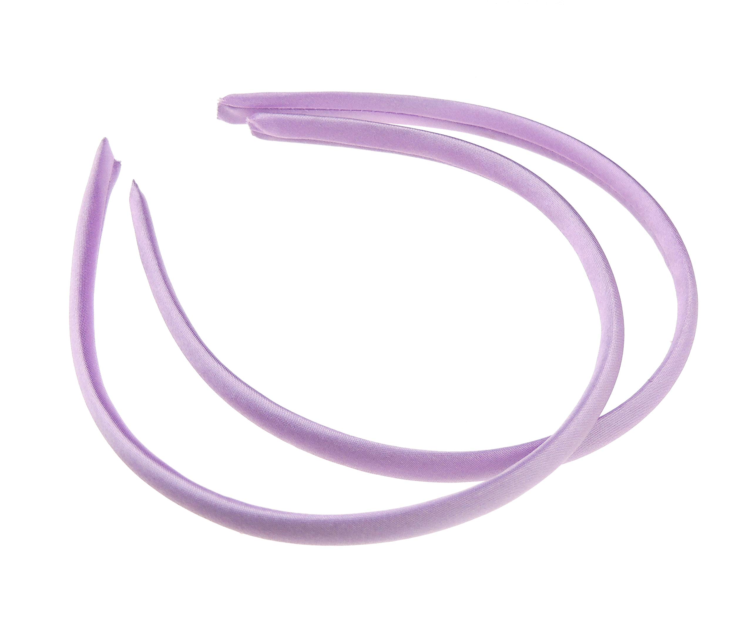 Pair of 2 Slim Thin 1cm Satin Covered Teens Girls Bridesmaid Basic Party Satin Plain DIY Alice Headband Hairband Head Hair Band Kids School Uniform (Pale Lilac, One Size)