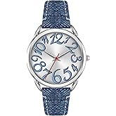 Bisley Women Watch Big Arabic Numbers Dial Easy to Read Denim Leather Strap Watch