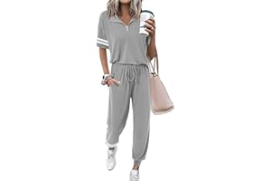 MASCOMODA 2 Piece Outfits for Women 2025 Summer Casual Quarter Zip Short Sleeve Tops Long Pants Tracksuit Jogger Lounge Sets