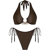 seamoly Bikini Sets for Women Metal Ring Shiny Two Piece Swimsuit Halter High Cut Tie Side Thong Bathing Suit Sexy Swimwear
