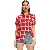 OCHENTA Women's Short Sleeve Plaid Button Down Shirt Casual Summer Blouses Tops C White Red 2XL