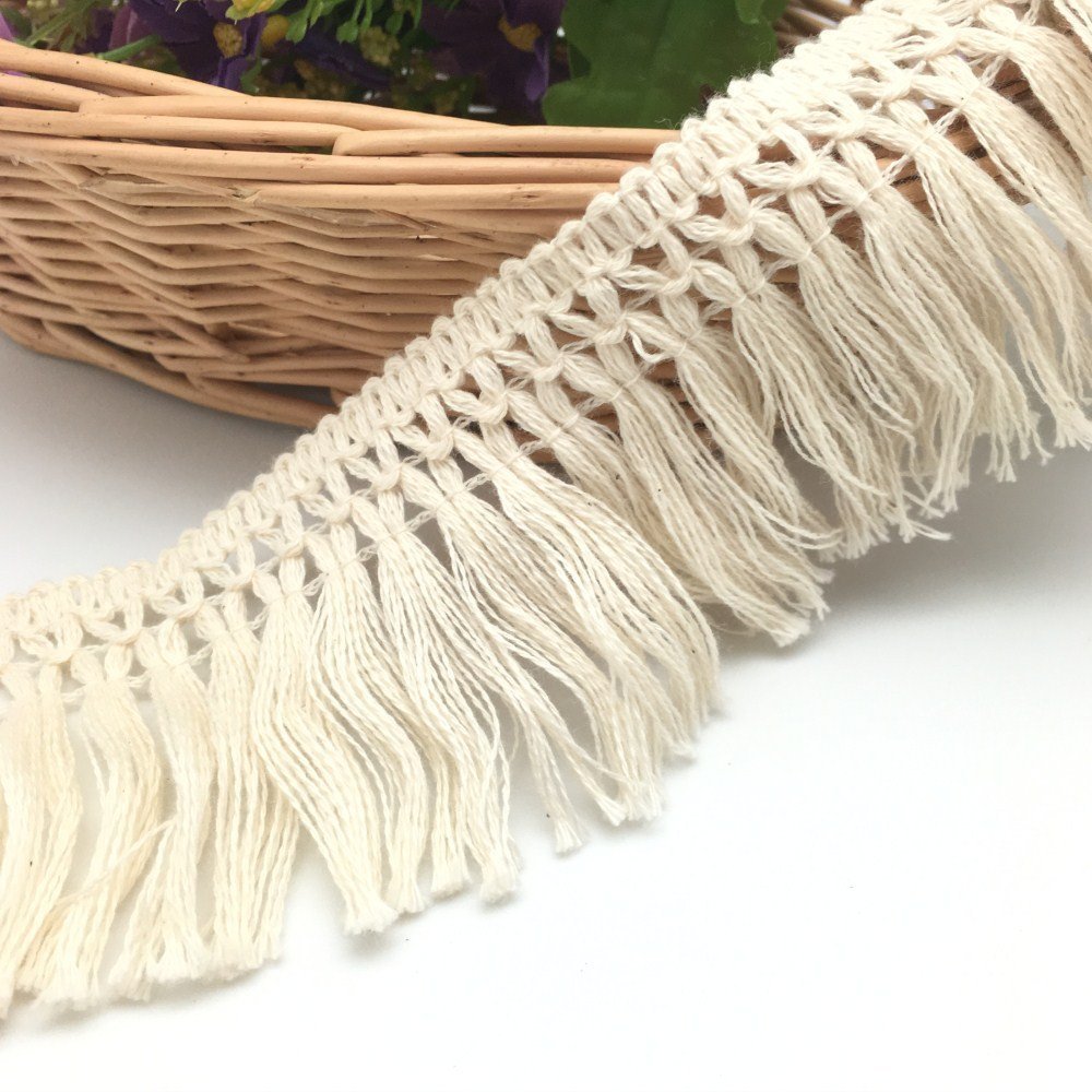 FQTANJU 15 Yards X 6cm Wide Cotton Tassel Fringe In Beige.