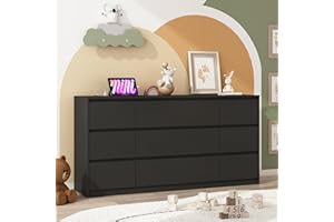 jiteentarou Black malm Dresser for Bedroom, 63 Inch Long 9 Drawers Dresser with Charging Station, Modern Large Wood Chest of Drawers Handle Free for Bedroom, Living Room, Entryway, Hallway, Black