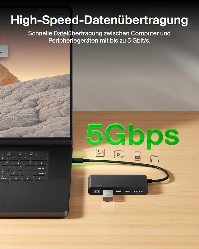 USB C Hub, 5-in-1 Docking Station, HDMI, 4K bei 60 Hz, 100 W Power Delivery, 5 Gbit/s Datentransfer, USB-C Adapter für MacBook, iPad Pro, Chromebook usw., Verbessertes HDMI 2.0 – Schwarz