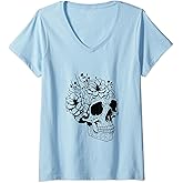Womens Day of The Dead Butterfly and Floral Blooms Dark Sugar Skull V-Neck T-Shirt