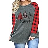 HDLTE Plus Size Merry Christmas Shirts Women Plaid Christmas Sweatshirt Long Sleeve Tee Tops