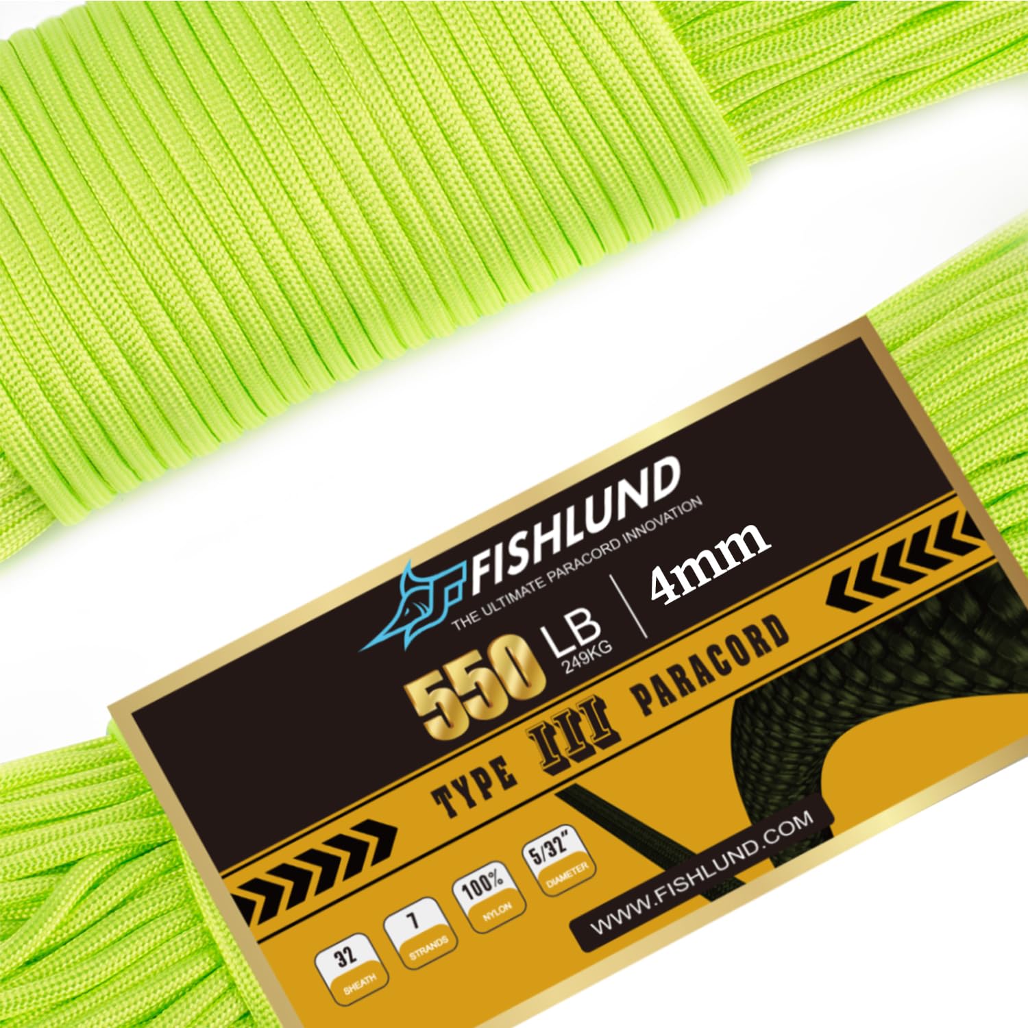 FISHLUND Paracord 550 lb, 7 Strand Paracord Rope 50ft 4mm, Nylon Parachute Cord for Camping, Neon Green
