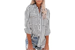 TAPANET Women's Striped Button Up Blouse Trendy Business Tops Dressy Soft Cotton Linen Tops Casual Long Sleeve Tops Fall Shirt