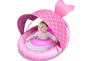 AMENON Baby Pool Float with 4 Stage Adjustable Sun Canopy for 6-36 Months, Dual Air Chambers & Never Flip Over Safety Seat, Mermaid Infant Swim Float with Sunshade