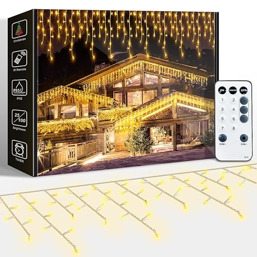 ARKOCHIC 10M Icicle Lights Warmwhite Outdoor Christmas Lights, Outdoor String Light with 60 Drops, IP65 Waterproof Hanging Fairy Light Mains Powered for Christmas Decoration Eaves Garden Room
