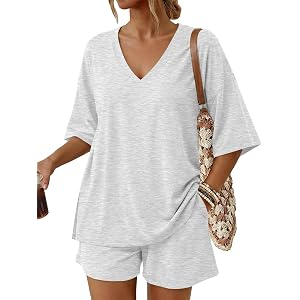 Trendy Queen Womens Short Set 2 Piece Lounge Sets 2026 Summer Loose Outfits | V Neck Oversized Top, Loose Fit Shorts with Poc