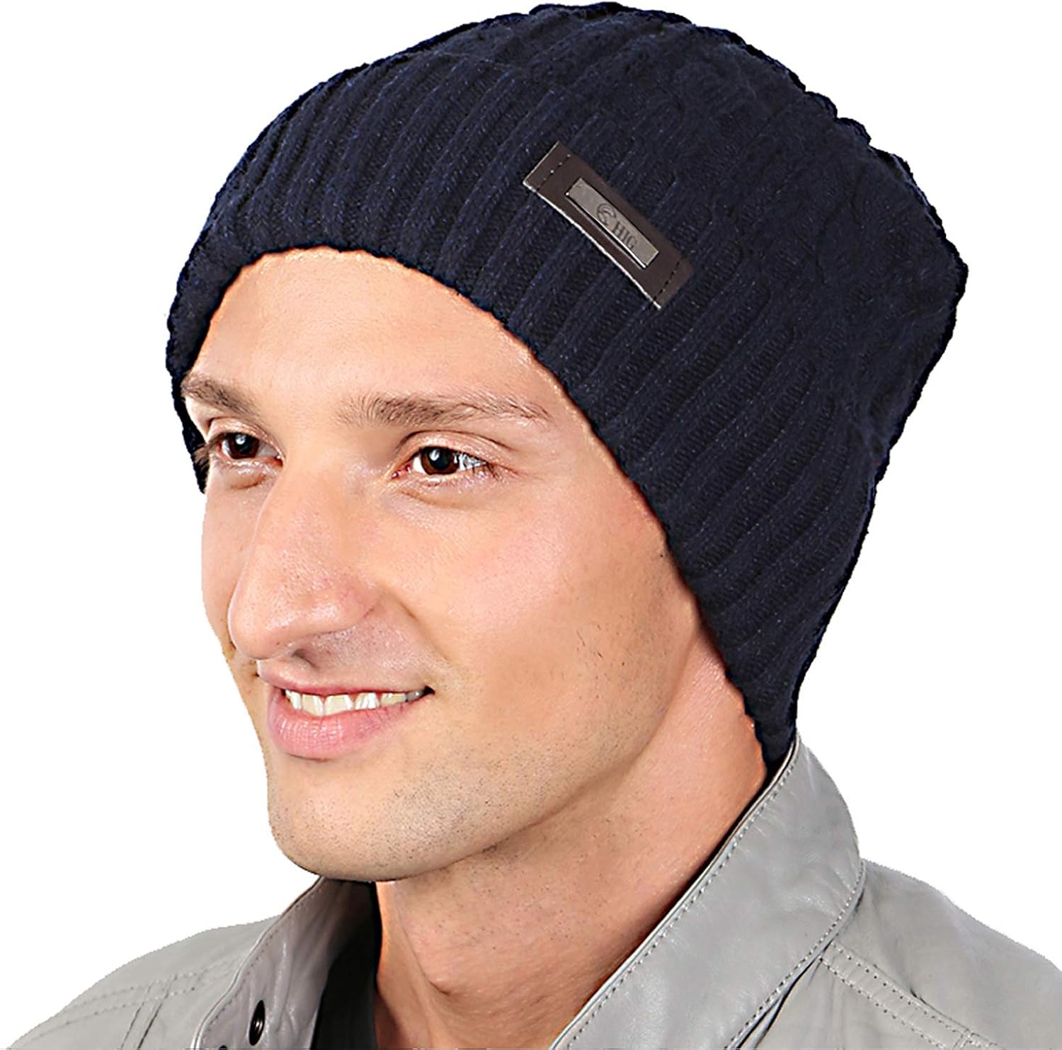 HIG Mens Winter Hat Warm Comfortable Soft Knit Beanie Hats Lined with Fleece (Blue): Clothing