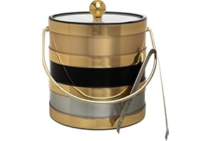 MR. ICE BUCKET BY STEPHANIE IMPORTS Hand Made In USA Gold With Black & Gray Stripes Double Walled 3-Quart Insulated Ice Bucket With Ice Tongs (Metallic Deco Collection)