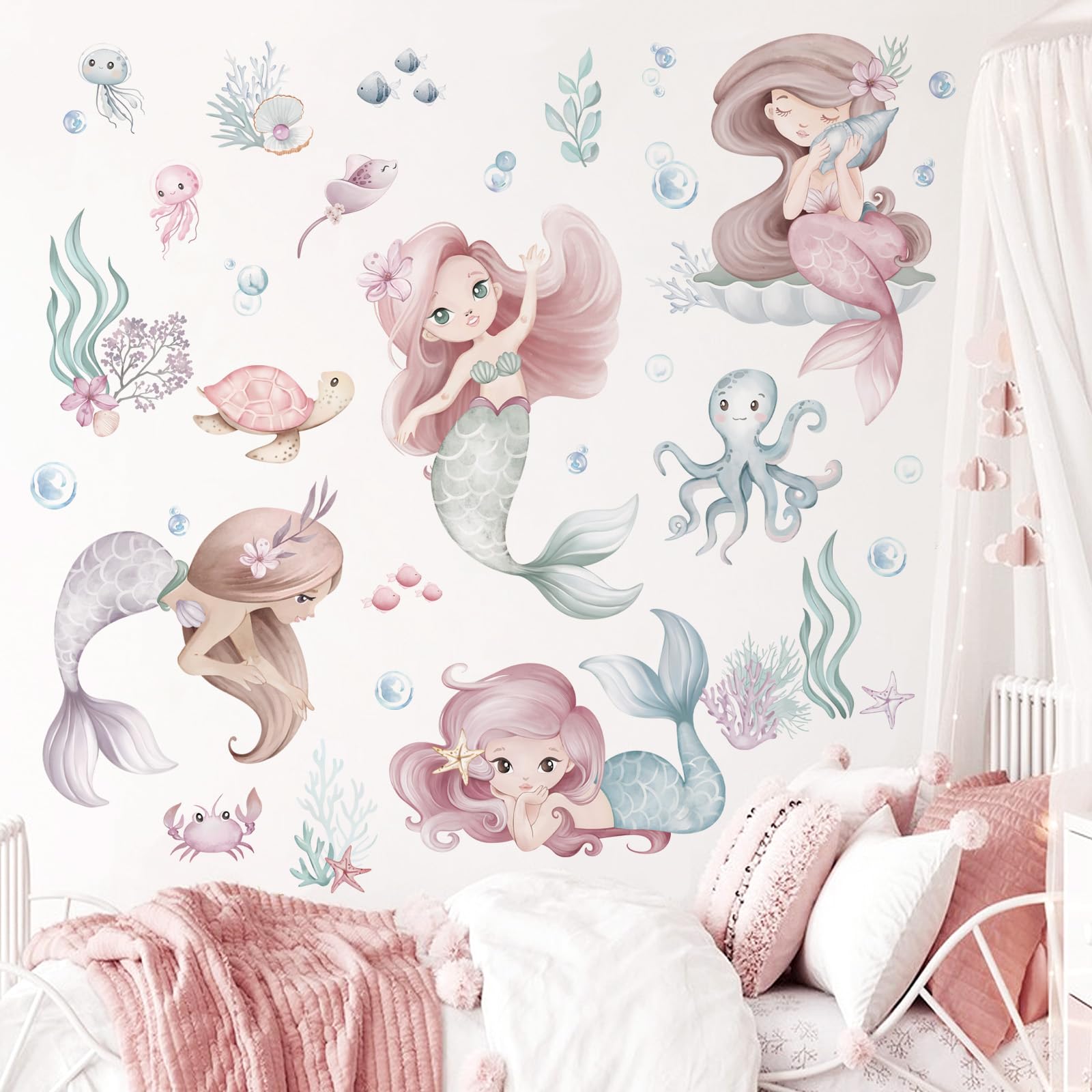 wondever Under The Sea Mermaid Wall Stickers Ocean Theme Turtle Seaweed Peel and Stick Wall Art Decals for Baby Nursery Girls Bedroom Bathroom