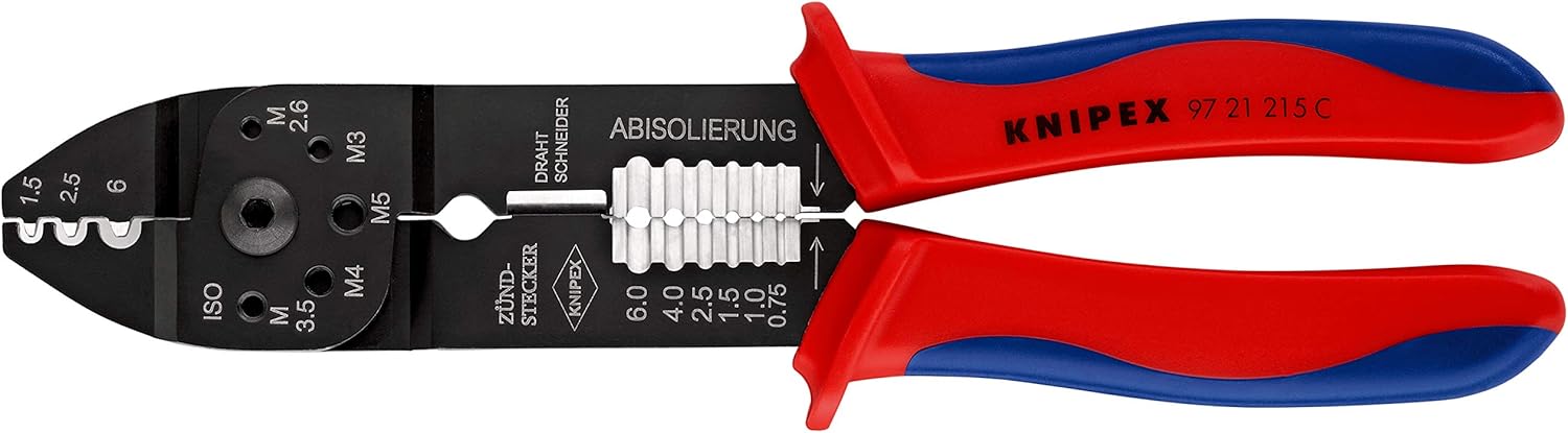 KNIPEX Crimping Pliers Black Lacquered with Multi-Component Handles 230 mm, 97 21 215 C, Red, Blue, 230mm x 63mm
