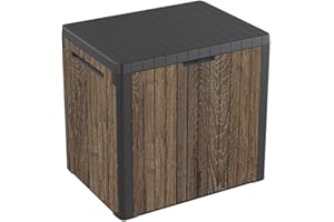 Keter Signature Everwood 30 Gallon Resin Outdoor Storage Box and Patio Furniture Side Table for Pool and Garden Accessories, Walnut