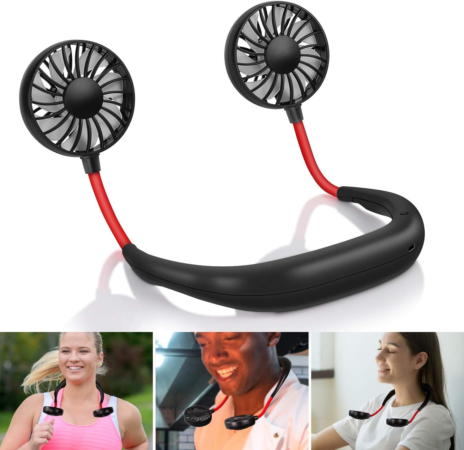 Hand Free Personal Fan USB Rechargeable, Portable Wearable Necklance Mini Fan, Dual Wind Head & 360 Degree Free Rotation Perfect for Sports,Music Festival, Traveling - by Auteve (Black)