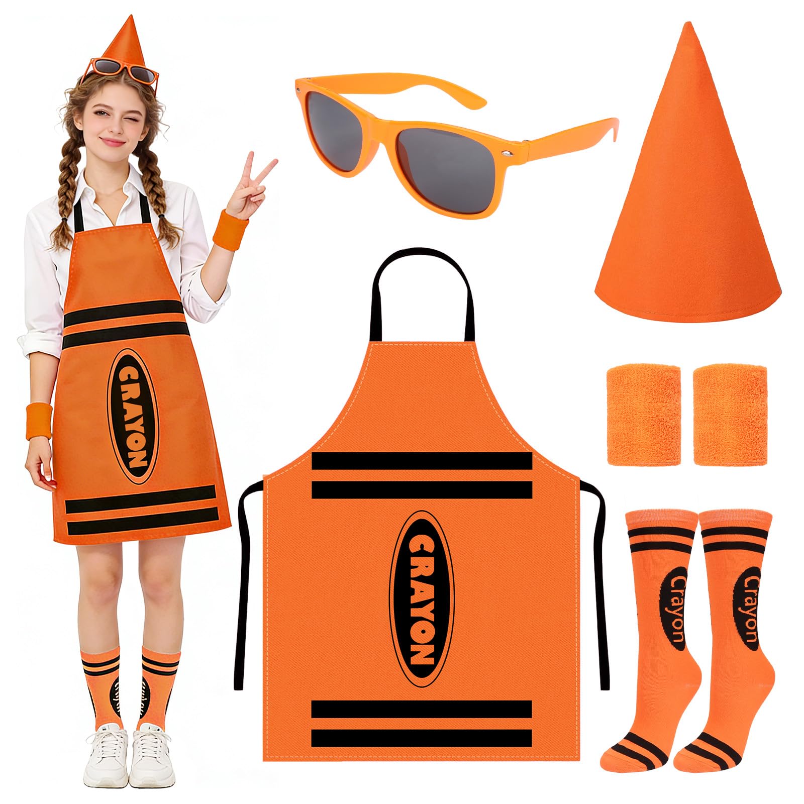 Dazzroi 5Pcs Adult Crayon Costume Set, Colourful Crayon Fancy Dress Kit with Cone Hat, Apron, Sunglasses, Wristbands, Stockings for World Book Day, Halloween, Group Theme Parties