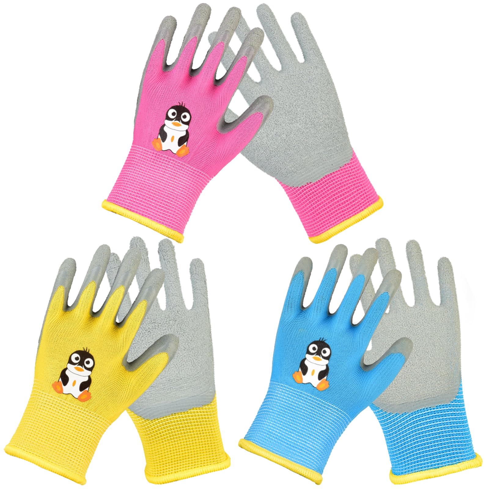 JSTHHTT 3 Pairs Kids Gardening Gloves, Age 5-7, Work Gloves, Superior Grip, Durable, Comfortable, Breathable, Multipurpose, Non-Slip, Pink, Blue, Yellow
