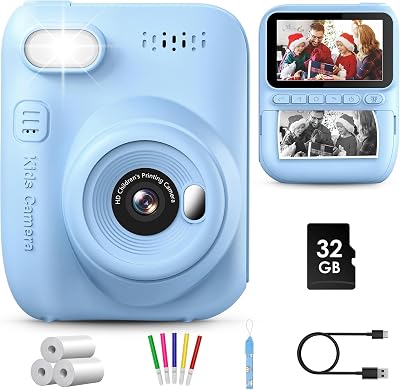 GREENKINDER Kids Camera Instant Print 3.0'' 32GB Card 3 Rolls Paper 1080P