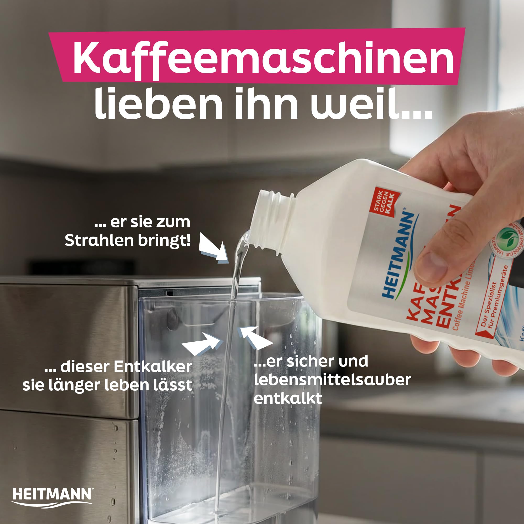 HEITMANN Kaffeemaschinen entkalker zwei Anwendungen, für Kaffeevollautomaten Siebträger Pad und Kapselmaschinen, 250 ml, Farblos 4