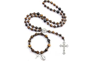 LGEPAH Rosary Beads Catholic, 8mm Tiger Eye Rosary Necklace with 10mm Tiger Eye St Benedict Cross Bracelet, Rosarios Catolicos Triple Protection Necklace Bracelet Jewelry Sets Catholic Gifts