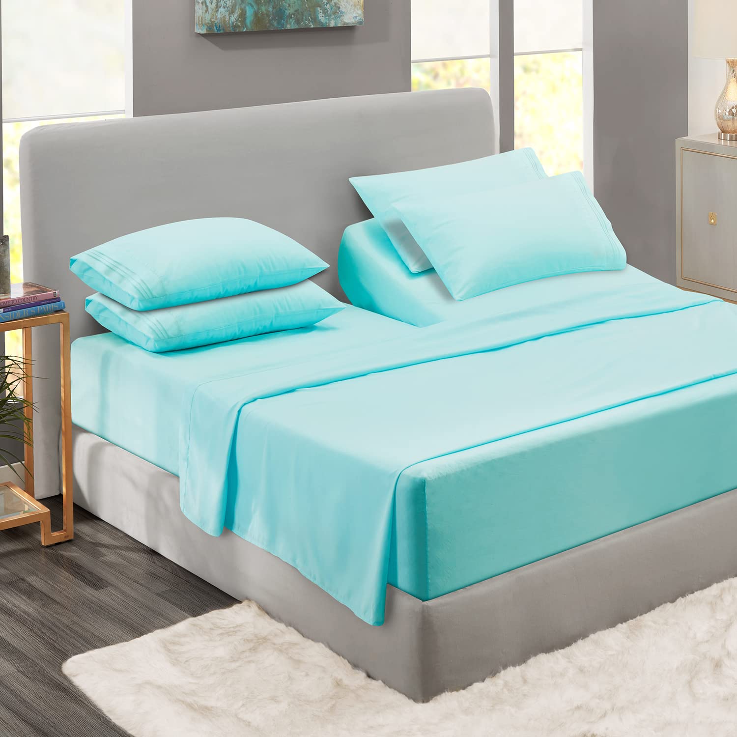 Photo 1 of Clara Clark Flex Top King Sheets, 6 Piece Set - Hotel Luxury Sheets for Top Split King Bed, Super Soft Bedding Set, Head Split King Aqua Light Blue