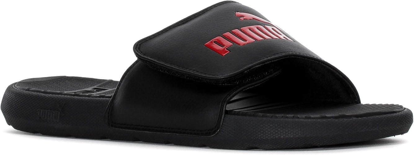 red and black puma slides