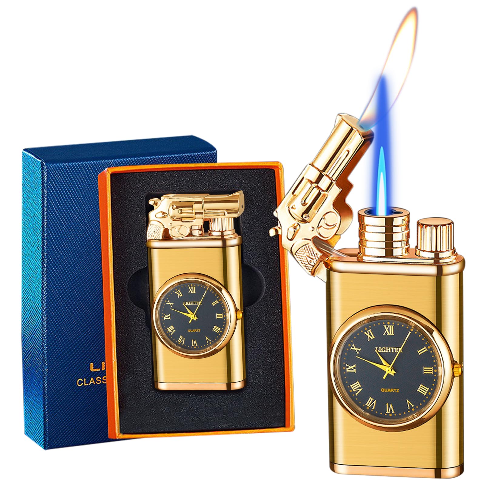 CYJBAO Jet Lighter - Windproof Adjustable Jet & Soft Flame, Cool Embossed Craft, Refillable Butane Lighter for Kitchen, BBQ, Camping, Candles, Cigar (Without Butane)-Gold/G