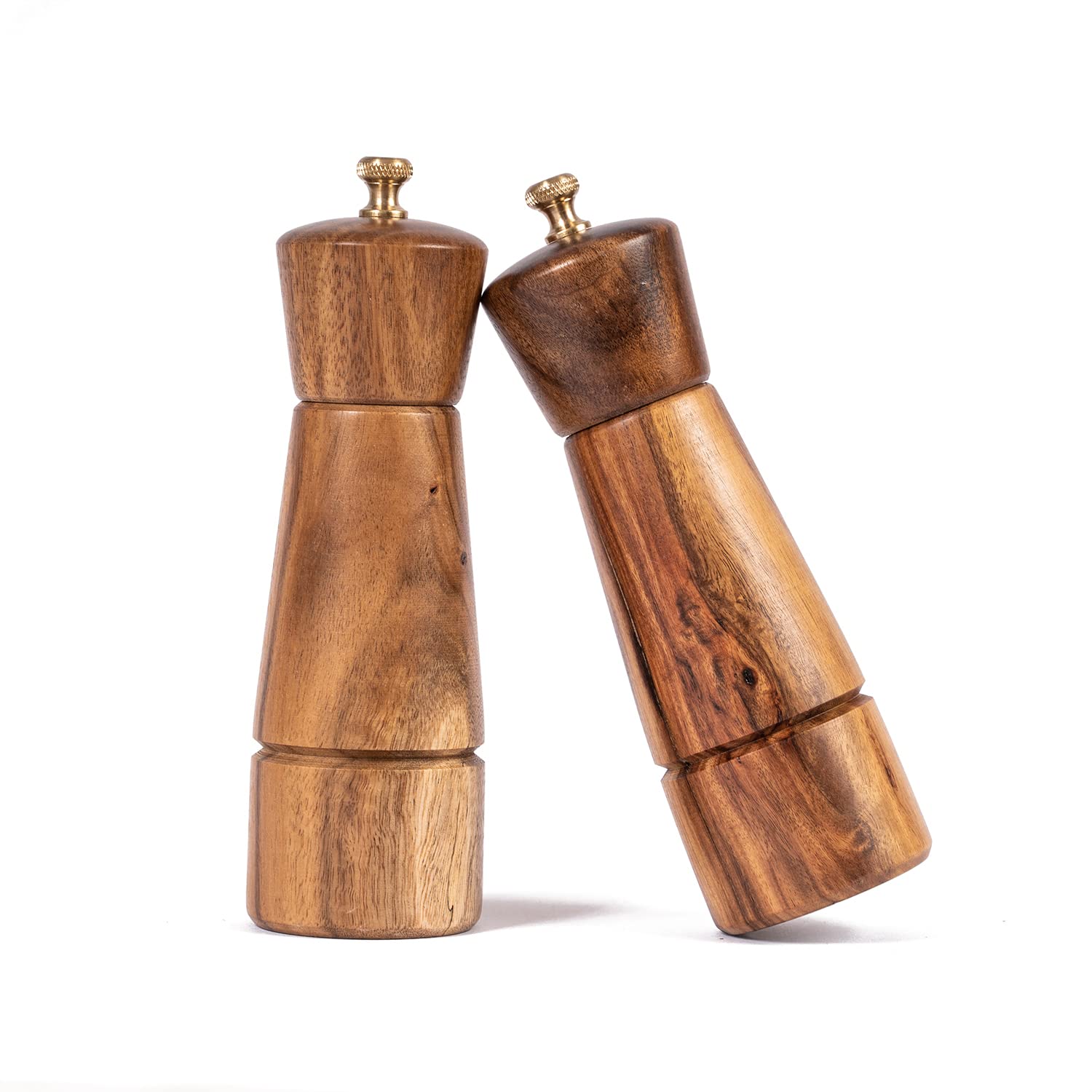 DeroTeno Salt and Pepper Mill Set, Adjustable Ceramic Grinder Salt Mill, Stainless Steel Grinder Pepper Mill, Acacia Wood, 16.5 cm Height, Bottom Dia 5 cm (Tray is NOT Included)