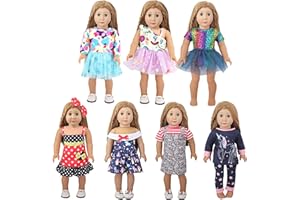 MSYO 7 Sets of Doll Clothes Accessories for 18 Inch American Dolls, includes 6 Sets of Charming Doll Dresses, 1 Unicorn Themed Doll Pajama Set, Perfect Costumes for Girl Dolls, Total of 11 Pcs
