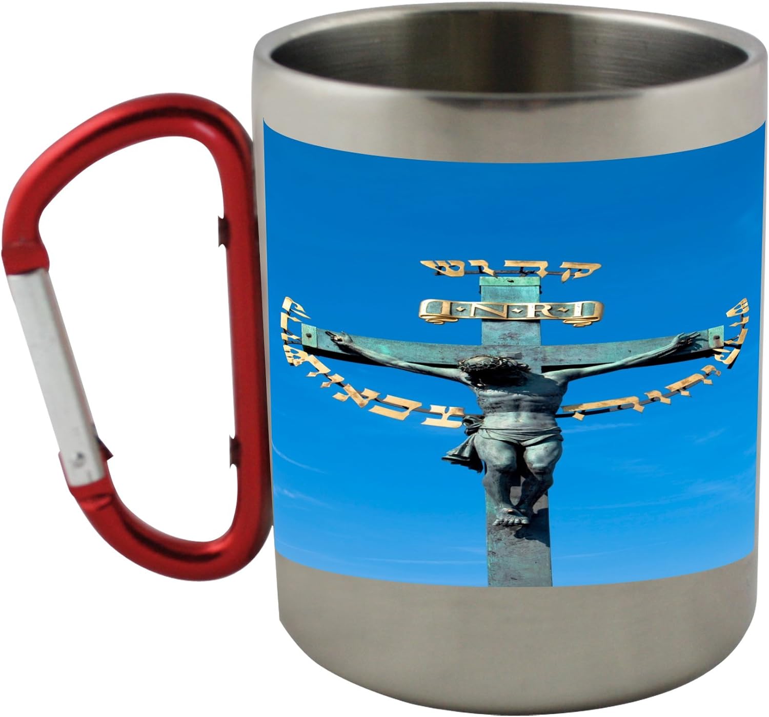 stainless steel mug with carabiner clip handle