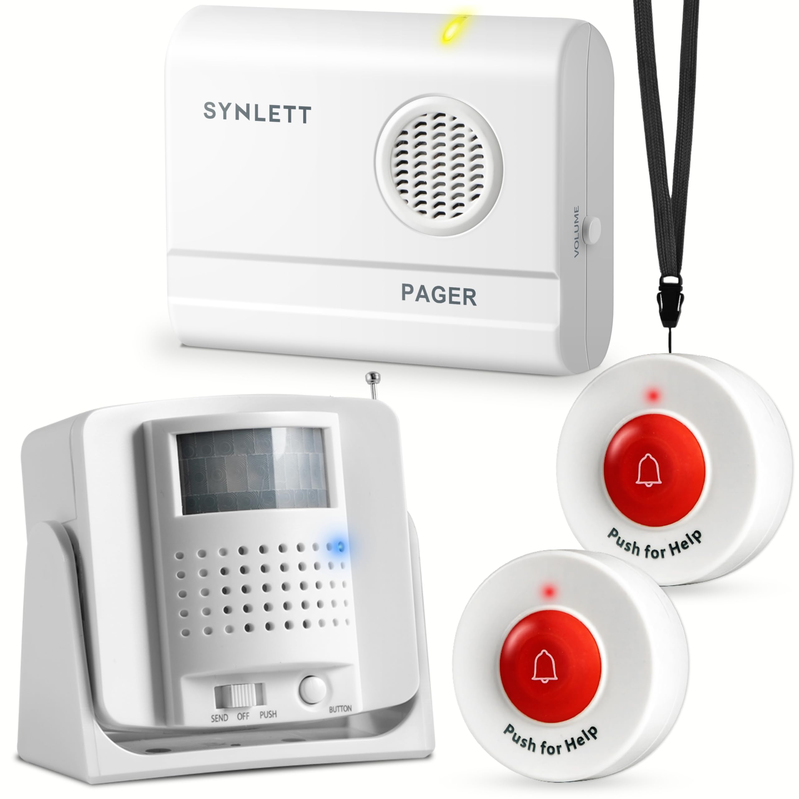 SYNLETT Caregiver Pager 2 Wireless Call Buttons 1 Motion Sensor Alarm Indoor for Elderly Monitoring Fall Prevention Bed Alarm Alert System Portable Nurse Call for Seniors Dementia Patients Emergency