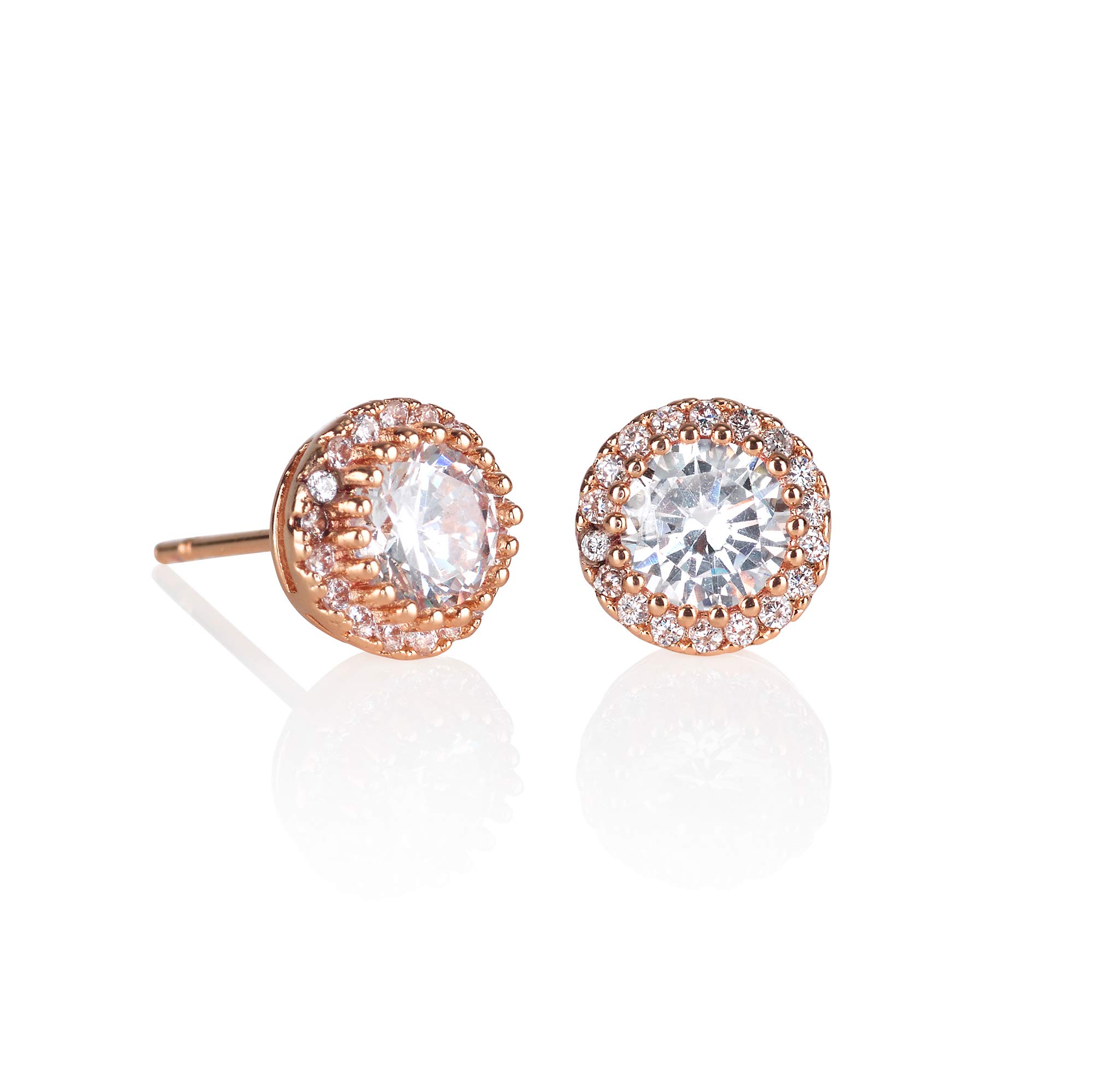 namana Halo Stud Earrings for Women with Cubic Zirconia Stones, Rose Gold Halo Stud Earrings with AAA Clear CZ Stones, Simple Earrings for Women with Gift Box, Rose Gold jewellery gifts for women