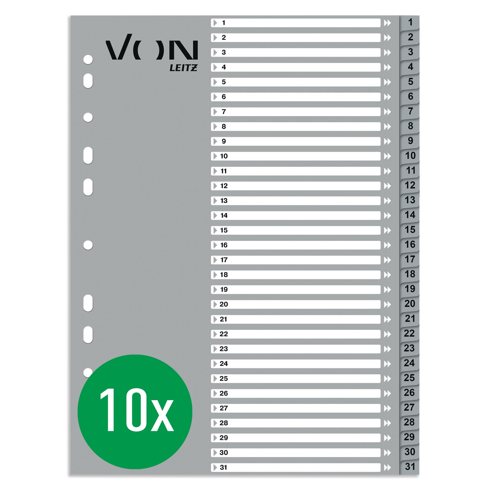 VON Leitz Pack of 10 Number Indexes A4, 1-31 Numbered Dividers for Folders, PP, 11-Hole Universal Index for Loose Leaf Folders & Ring Binders, Grey, 12870085 — image 1