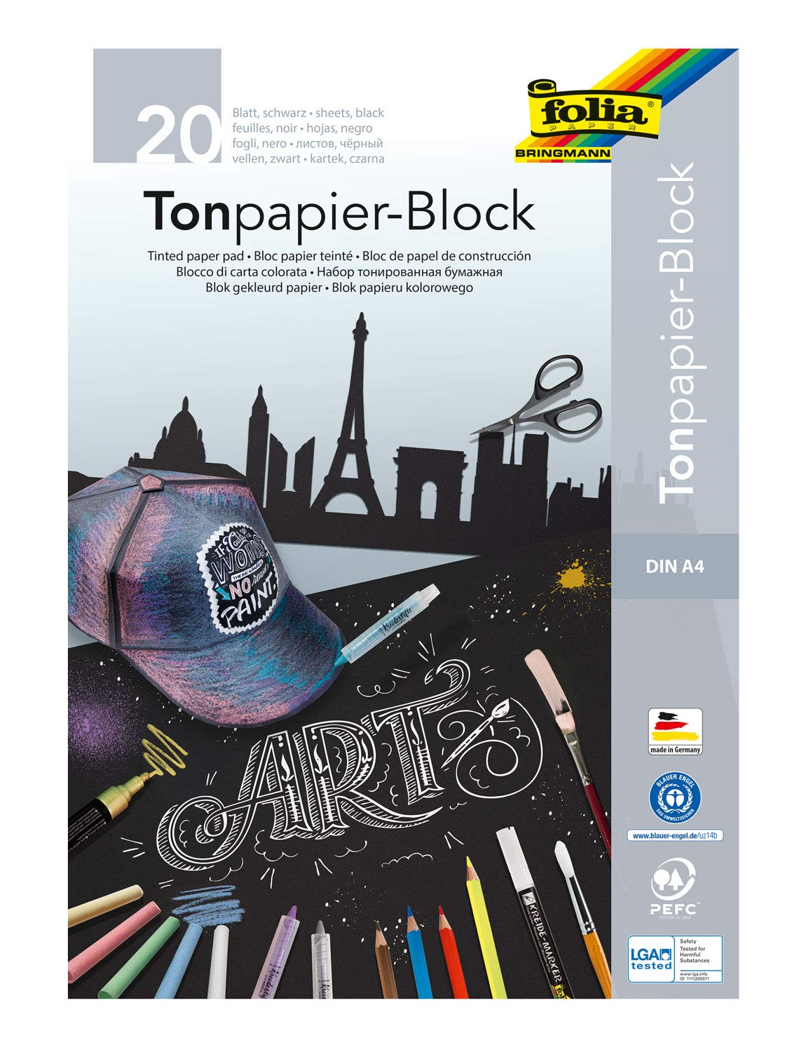 folia 197 – Coloured Paper Pad, Black Drawing Paper, DIN A4, 20 Sheets 130 g/m², Pad with Top Image, Ideal for Light Colours Such as Chalk, Soapstone