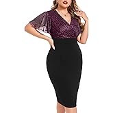 ZOMVA Plus Size Sparkly Bodycon Dress Ruffle Sleeve V Neck Wrap Midi Dresses Wedding Guest Business Work Cocktail Party