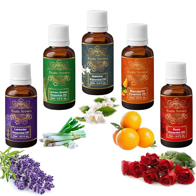 Exotic Aromas Pure and Organic Essential Oil - Pack of 5 (Lavender, Lemongrass, Jasmine,