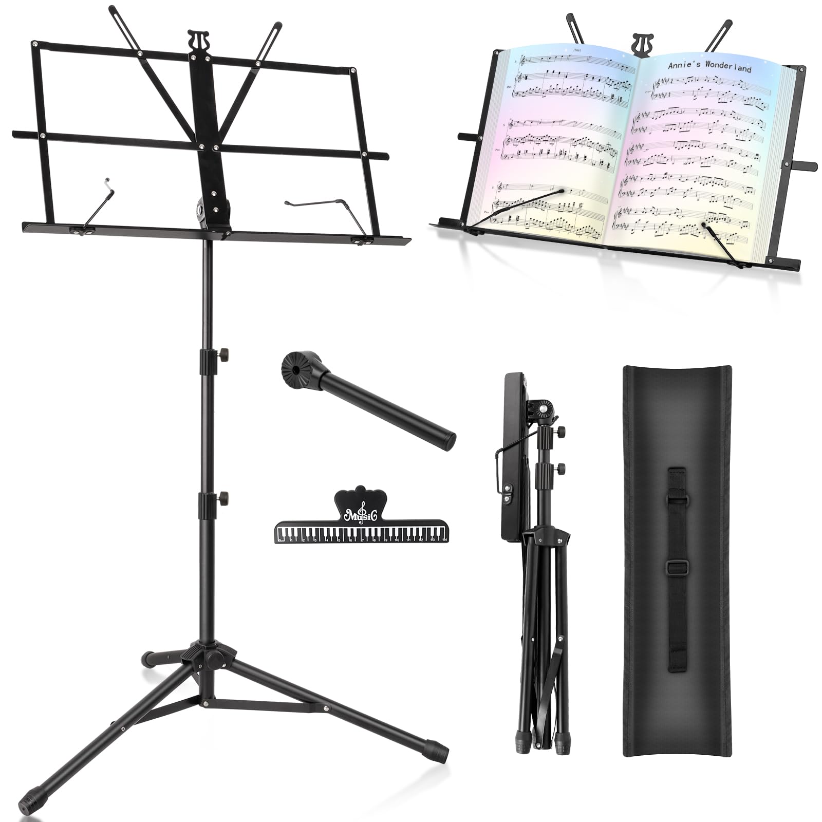 Photo 1 of Music Stand New bee Foldable & Portable Metal Sheet Music Stand with Carrying Bag, Adjustable Podium Stand with Tripod Base and Sheet Music Folder - Black