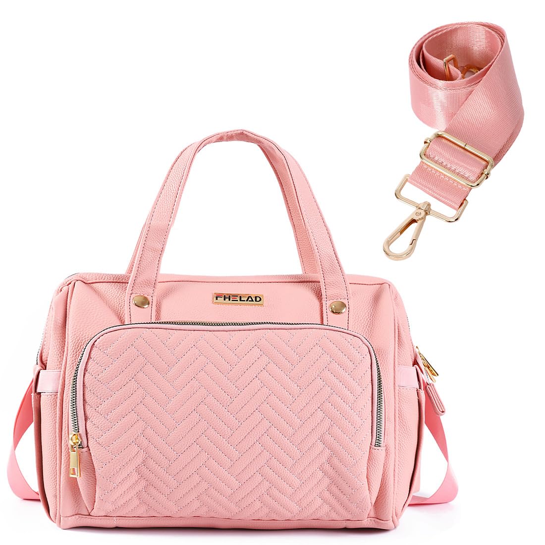 Photo 1 of FHELAD Diaper Bag Tote, with 12 Pocket Mom Bag, 16" Large Leather Baby Bags Convenient to Carry Diapers, Wet Wipes, and Bottles (Pink)