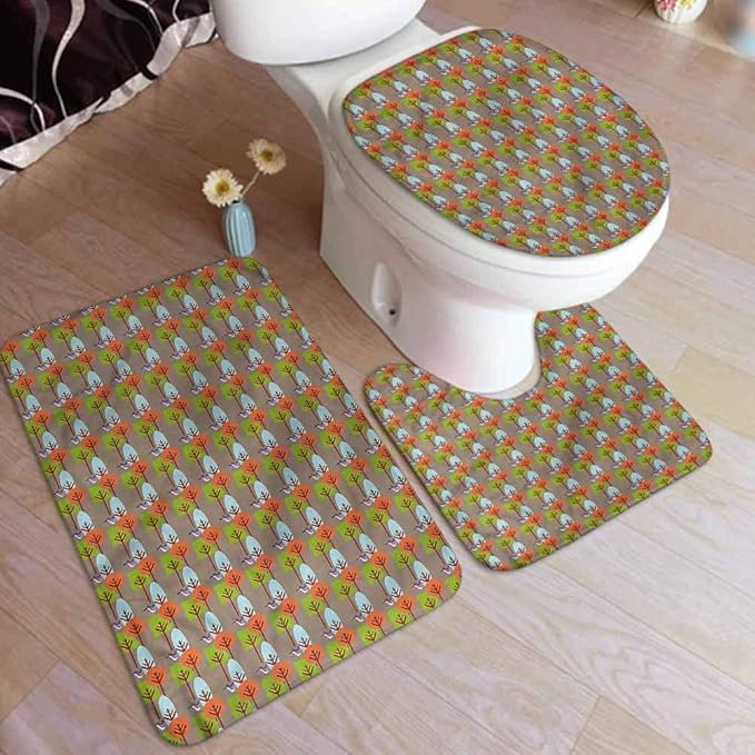 Bath Rugs Set, Mid Century,Modern Nature Art, 3 Piece Combo Soft