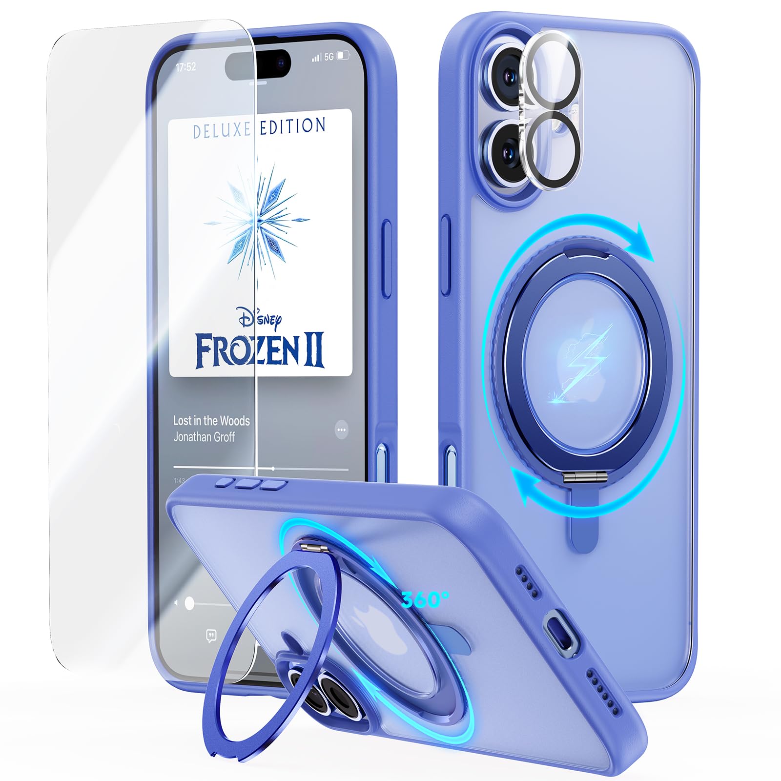 JUESHITUO for iPhone 16 Case: 360° Spin Magnetic Stand, Full Camera Protection, Fit for MagSafe, 16FT Military Grade Shockproof Protective Phone Cover with Kickstand Ring Holder, Blue