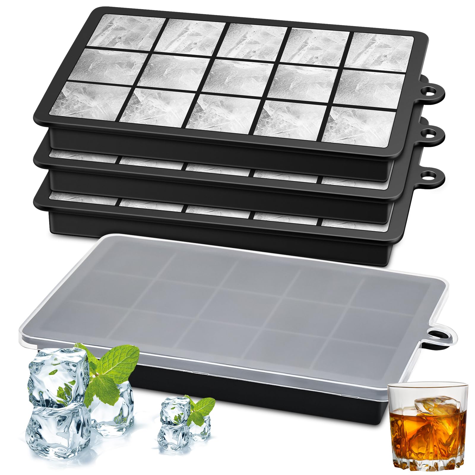 FIOUSY Silicone Ice Cube Tray, Flexible Ice Cube Tray with Removable Lid, 2 PCS of Ice Cube Moulds Set and 24 Ice Cub Per Tray for Whiskey (Black 4 Pack)