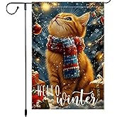 Winter Cat Garden Flag 12x18 Inch Double Sided Small Burlap Christmas Outdoor Decoration with Snowy Scarf and Gift Boxes