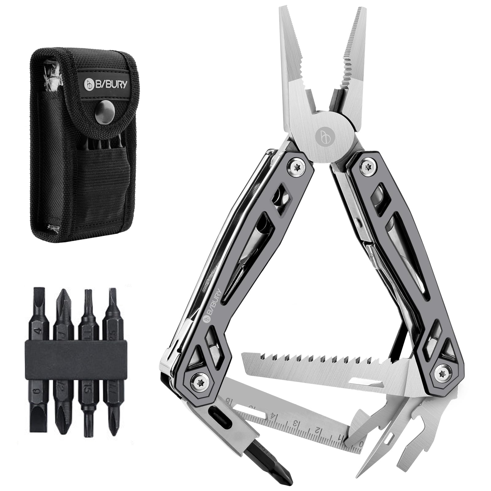 BIBURY Multitool Pliers, Titanium Plating 21 in 1 Multi-Purpose Pocket Pliers, 420 Durable Stainless Steel Multi-Plier Multi-Tool for Camping, Outdoor, Repairing and Hiking, Gifts for Men