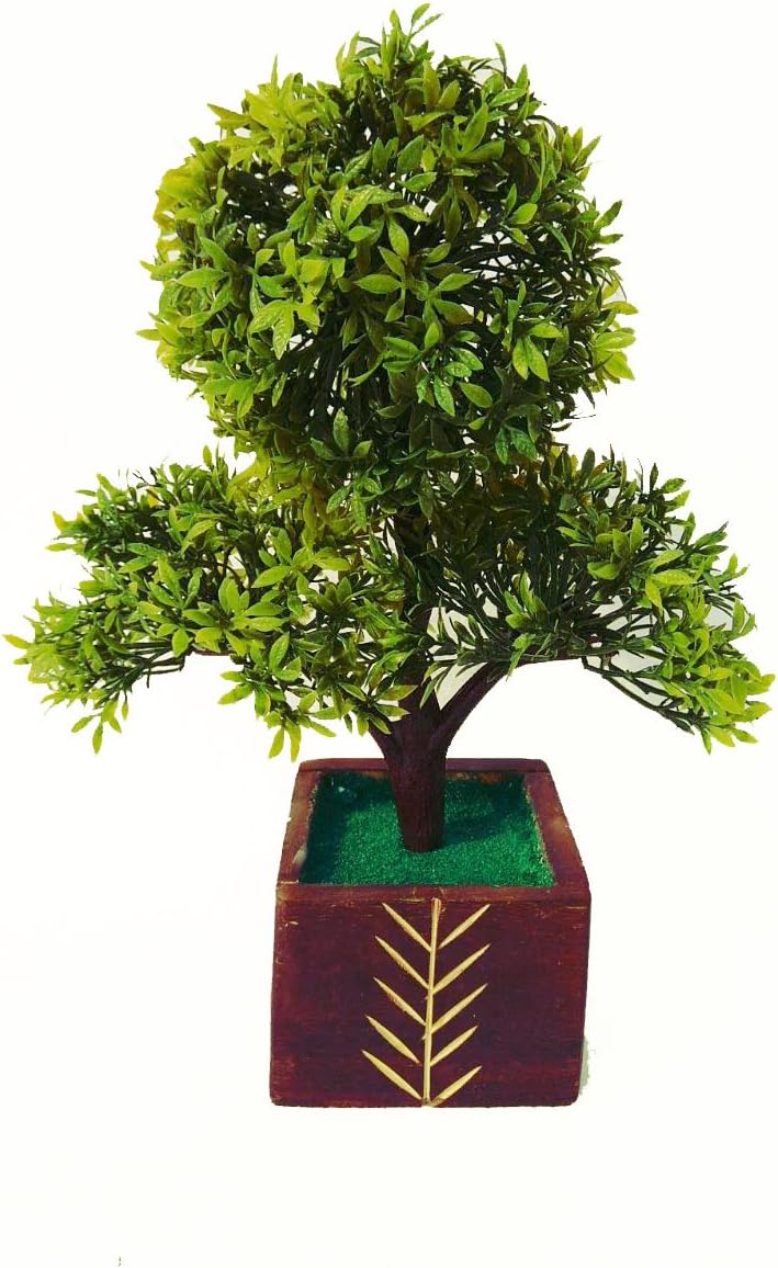 Adaspo Artificial Bonsai Green Leaves Three Headed Plant in Wooden Pot for Home décor Desktop Centre Table Kitchen Living Room Indoor