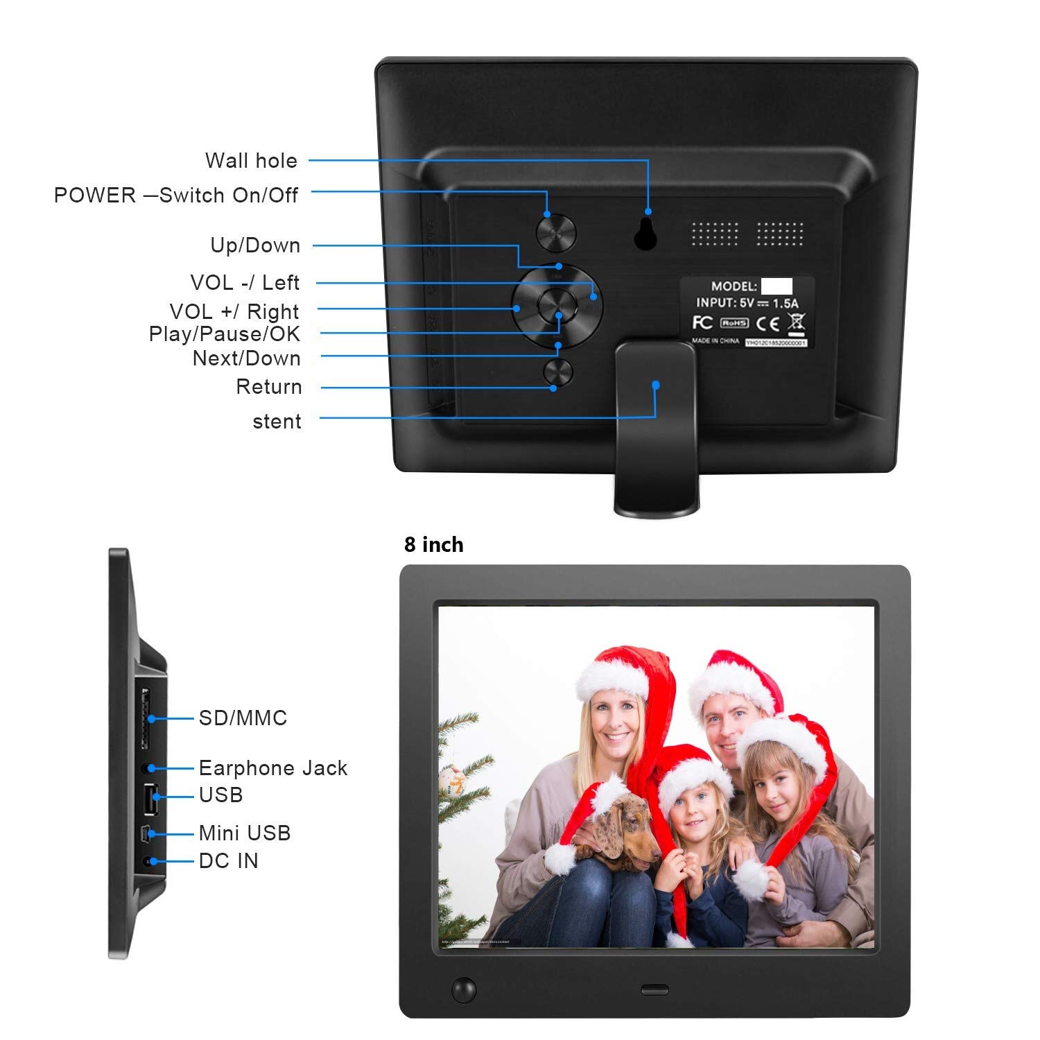Digital Picture Frame 8 inch, Digital Photo Frame Video Player with Motion Sensor Smart Electronics Picture Frame High Resolution 1024x768 IPS LCD/1080P 720P /Stereo/MP3/Calendar/Time/Remote Control