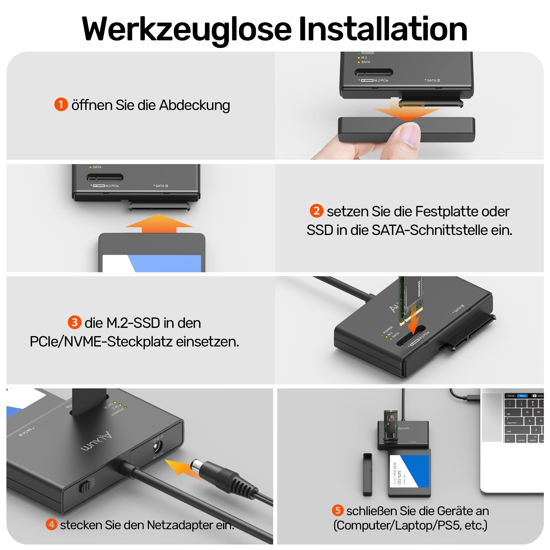 Alxum M2 NVME Gehäuse und SATA Adapter, 10Gbps M2 SSD Gehäuse, USB 3.2 Typ C M.2 SSD USB Adapter für M.2 PCIe/Nvme, AHCI SATA HDD Festplatten Case 5