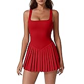 QINSEN Womens Square Neck Tennis Dress Pleated Sleeveless Built in Shorts Golf Athletic Dress with Pockets